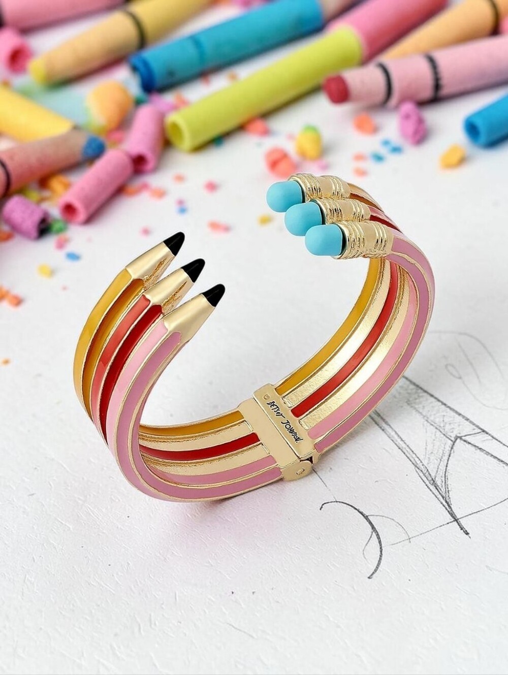 NEW Betsey Johnson Triple Pencil Hinge Bangle Bracelet Gold Tone Length 6.5" NWT